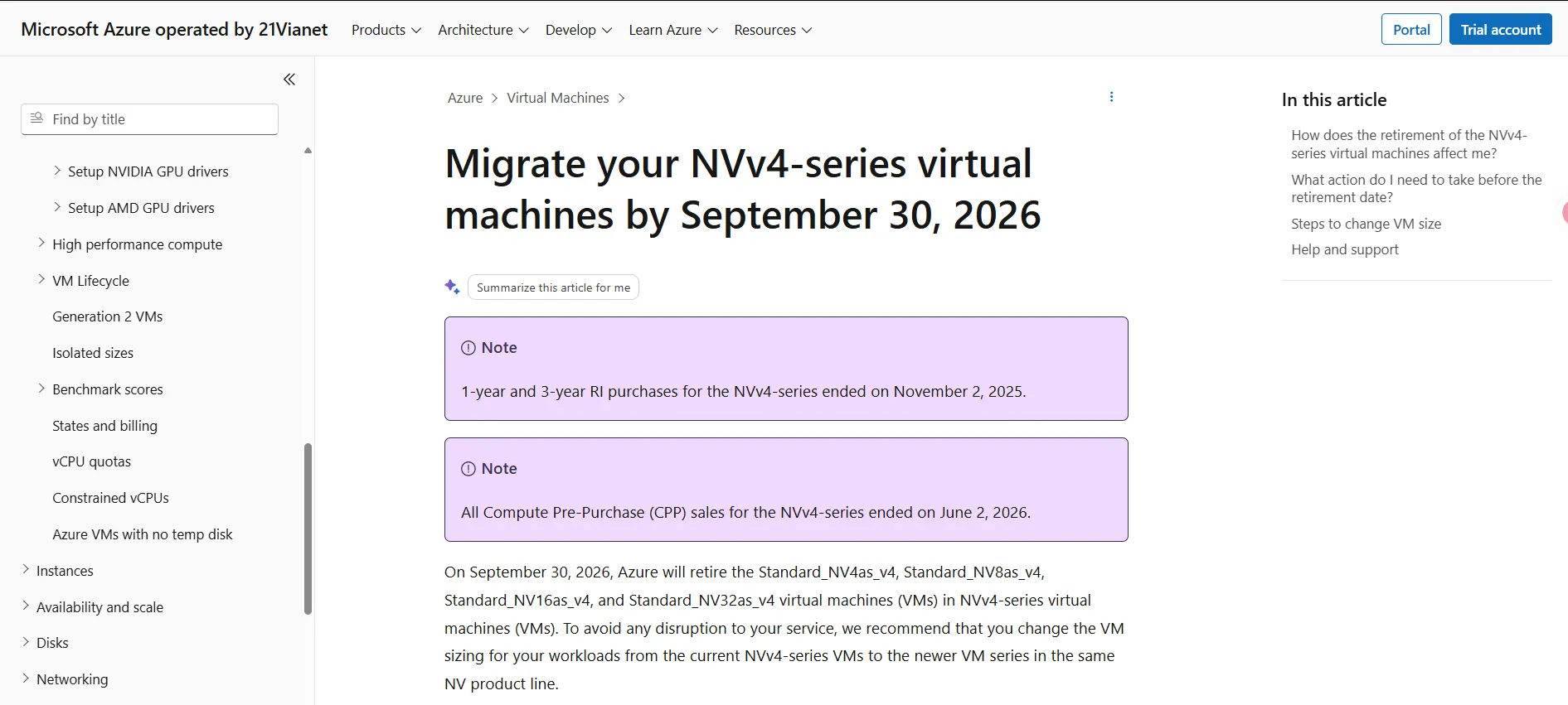 Azure NVv4 retirement documentation (English)