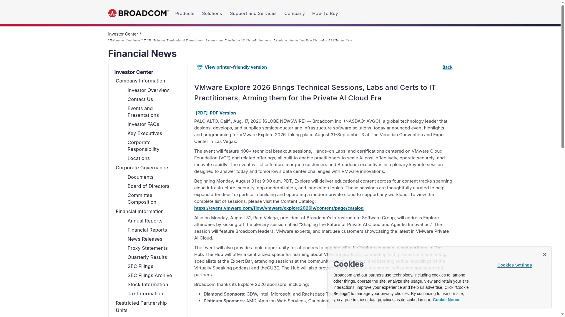 Broadcom’s official press release: VMware Explore 2026
