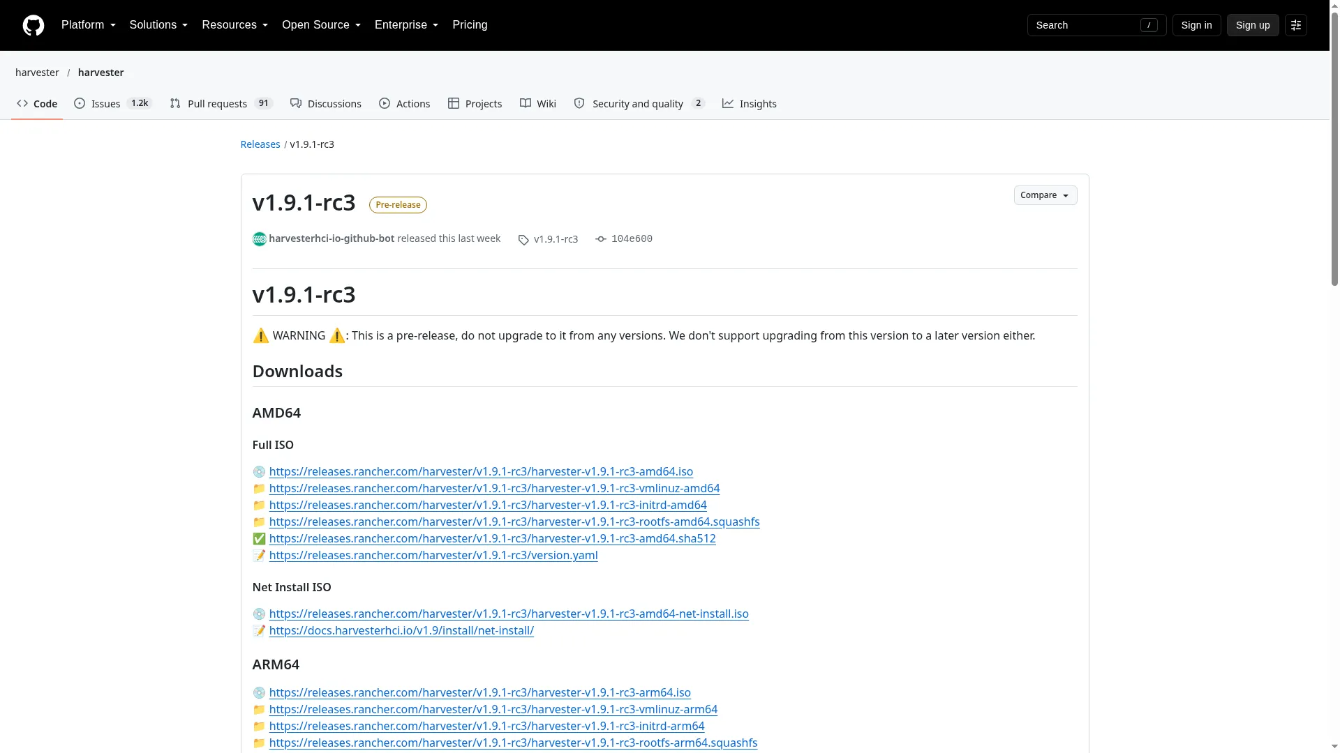 Harvester v1.9.1-rc3 release page