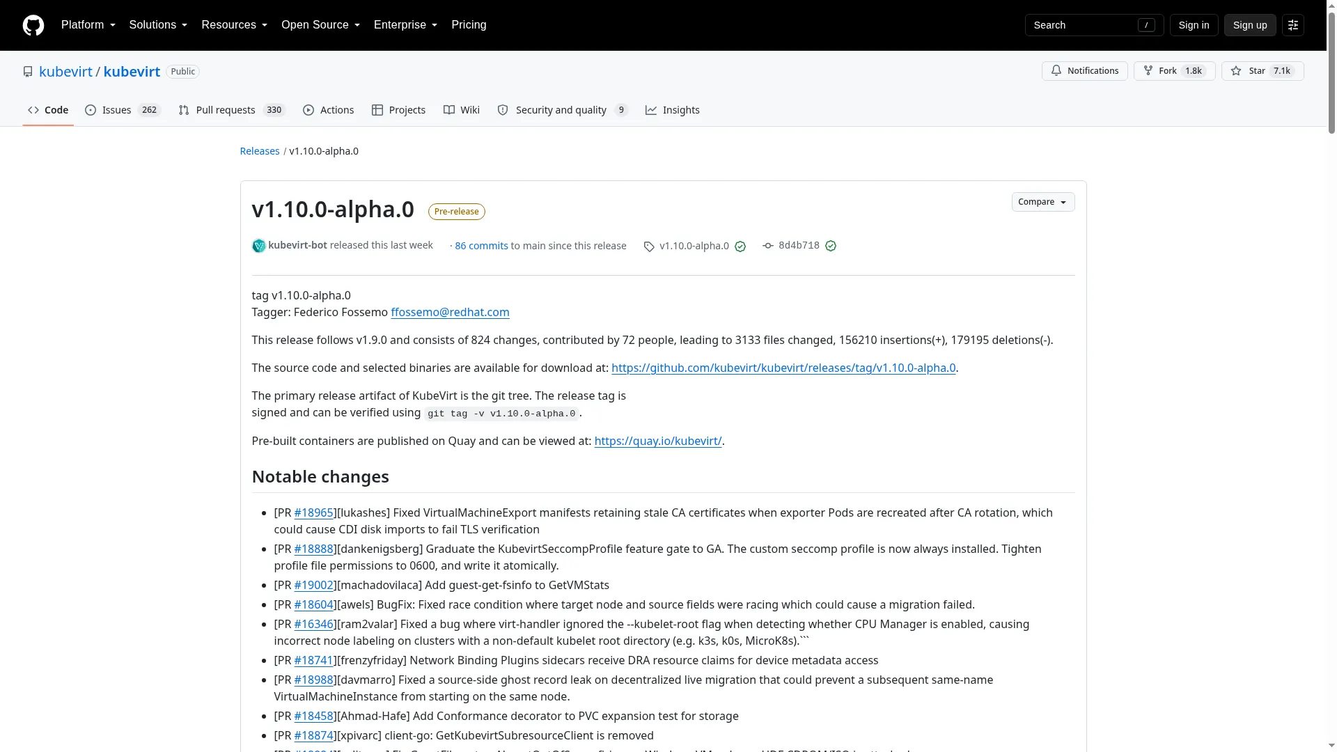 KubeVirt v1.10.0-alpha.0 release page