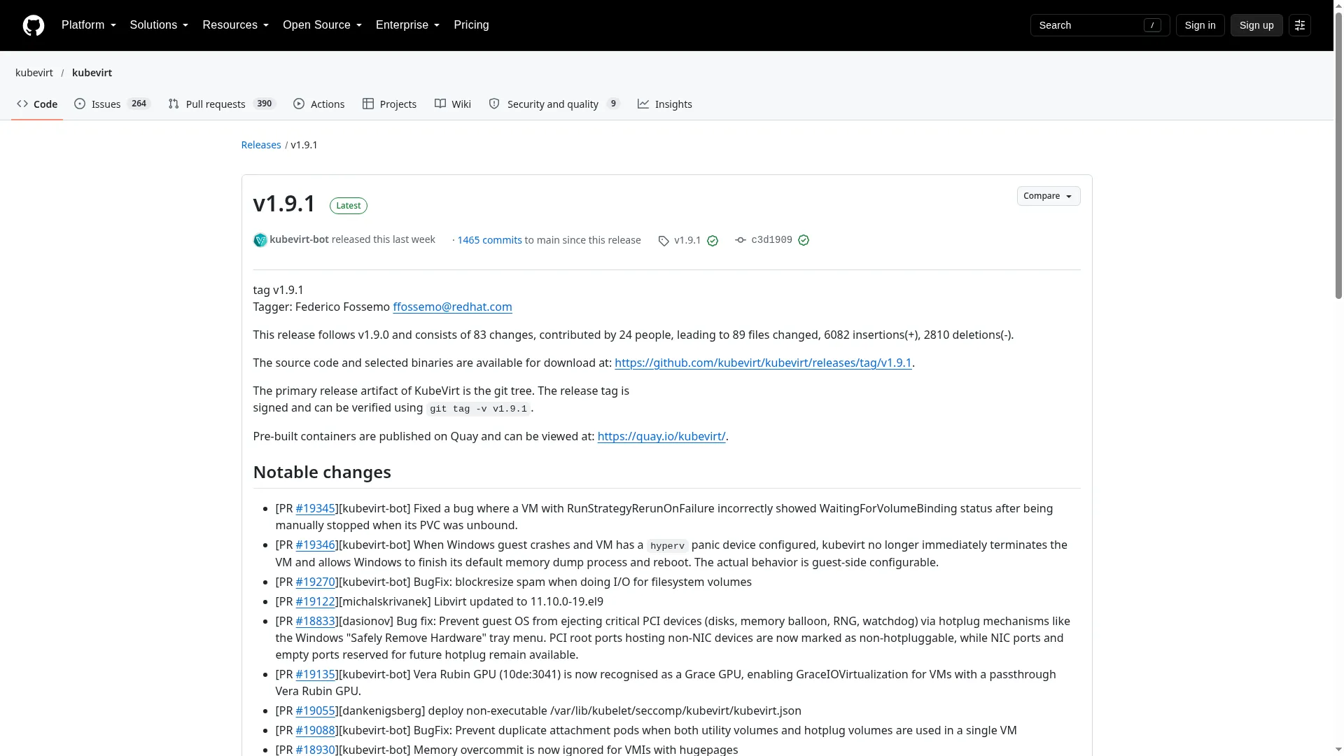 KubeVirt v1.9.1 release page