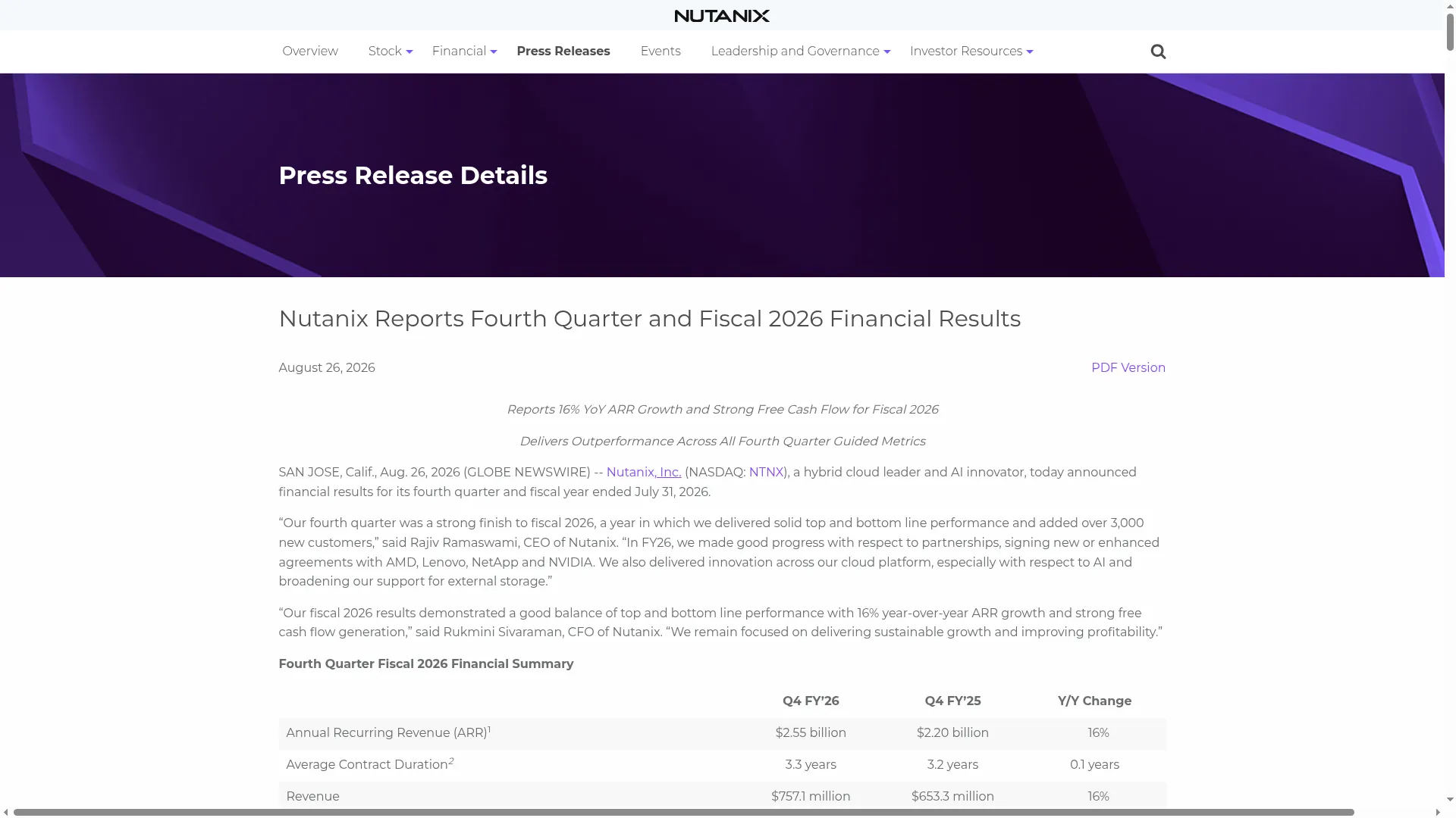 Nutanix FY26 Q4 earnings press release