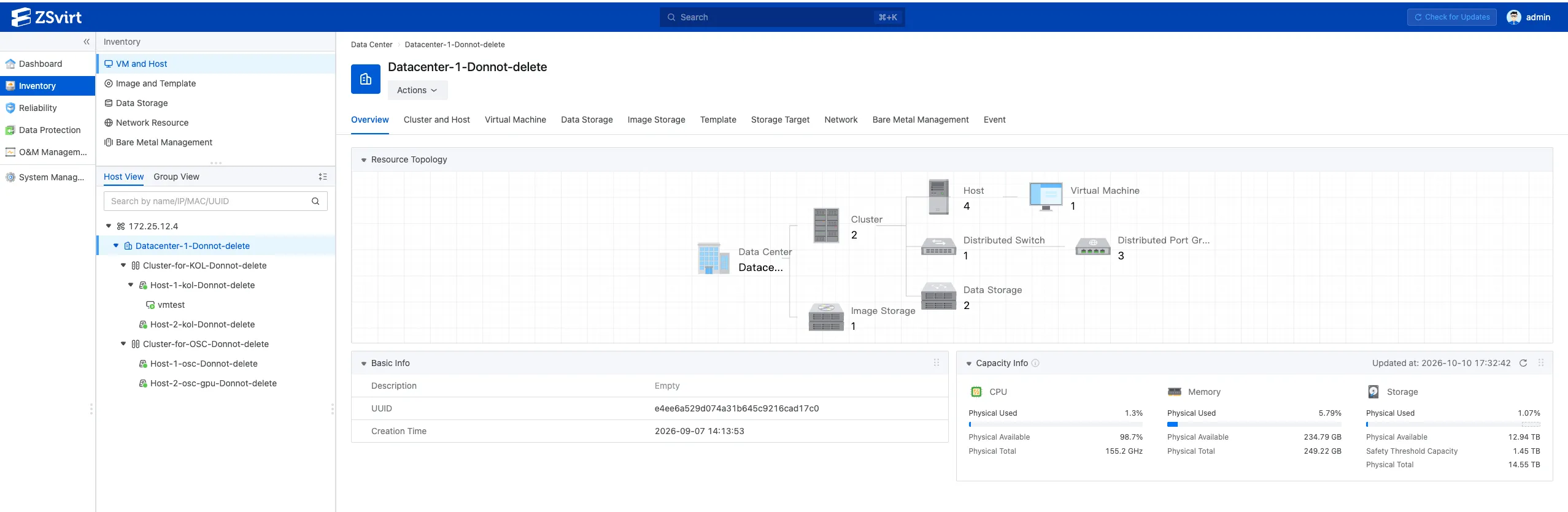ZSvirt web console: cluster dashboard