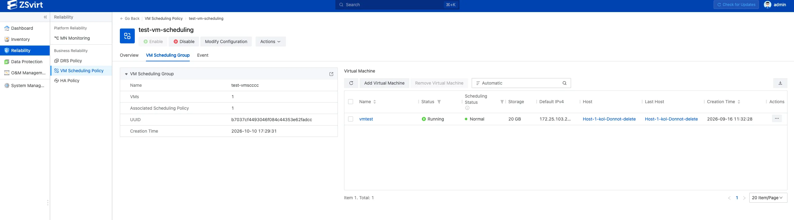 ZSvirt VM scheduling policy