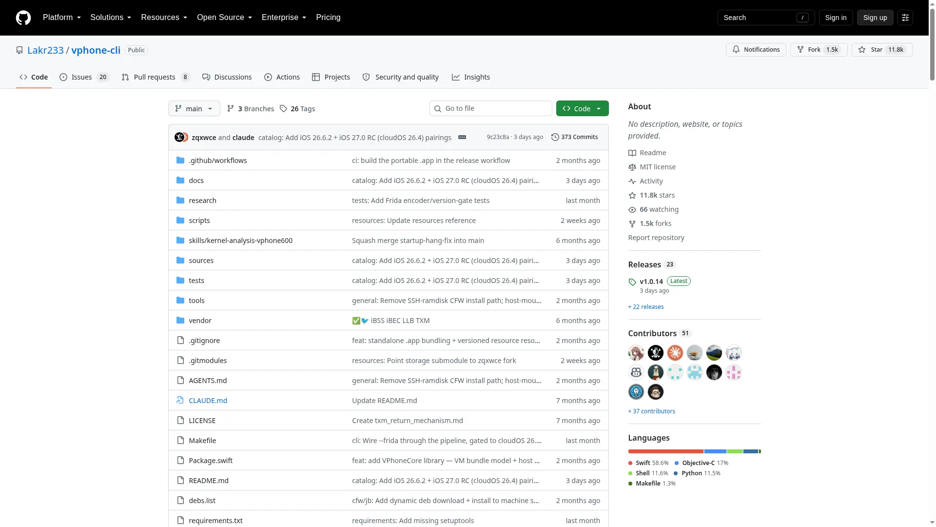 vphone-cli GitHub repository (11.8k stars)