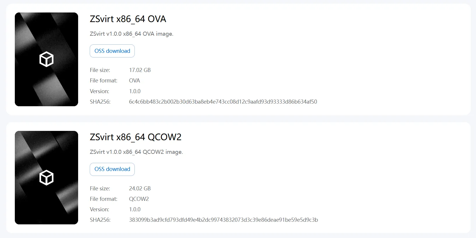 ZSvirt download center with the software packages available for download